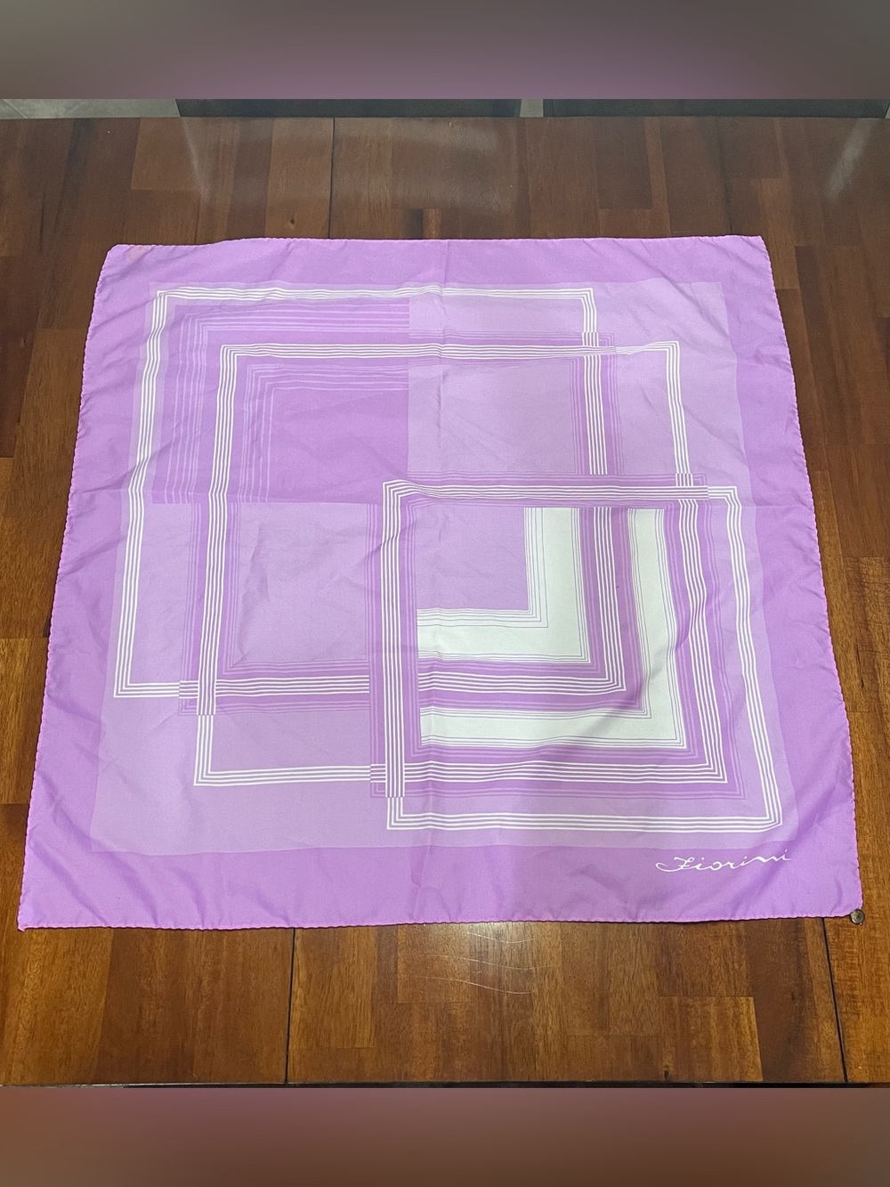 Vintage 70s Fiorini Lavender Geometric Silk-Feel Square Scarf Italy Metal Tag